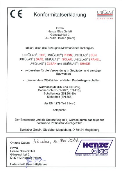 Vorschau: CE-Konformitätserklärung – Henze Glas